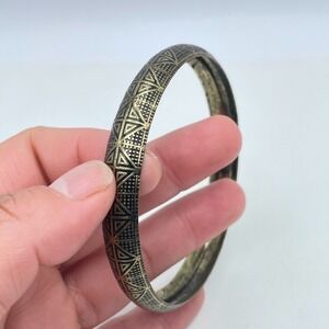 Vintage Brass-Tone Tribal Engraved Oxidized Metal Geometric Bangle Bracelet